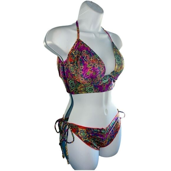 LULI FAMA Colorful Bikini Set Deep V-Neckline Bottom Low-Rise Fit Size L. - Picture 2 of 10